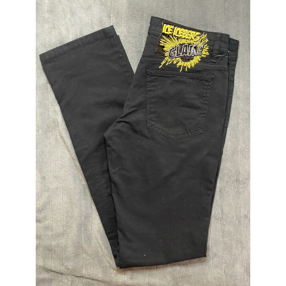 ICE by ICEBERG Black Denim Straight Leg Jeans Embroidered Back ITALY SZ 29 NEW